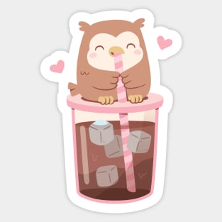 Cute Little Owl Enjoying Iced Coffee Sticker